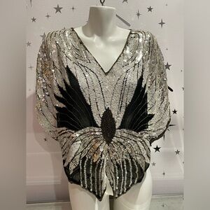 Dominique Silk 70s 80s Butterfly Beaded Sequin Blouse
